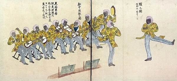 Minstrel show presented by Commodore Matthew Perry for Japanese diplomats. Color drawing, Japanese, 1854