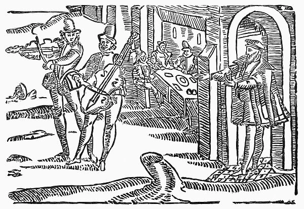 Minstrels performing outside a tavern. Woodcut, early 17th century, from the Roxburghe Ballad
