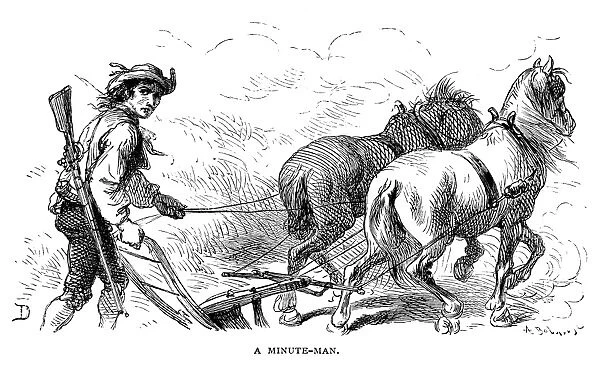 A Minuteman, in the midst of plowing, called to battle at the outbreak of the American Revolutionary War. Wood engraving, after Felix O. C. Darley (1822-1888)