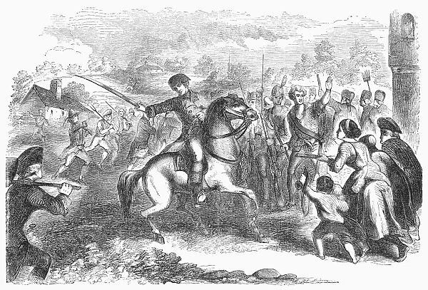 Minutemen rushing to battle in 1776 during the American Revolution. Wood engraving, 19th century