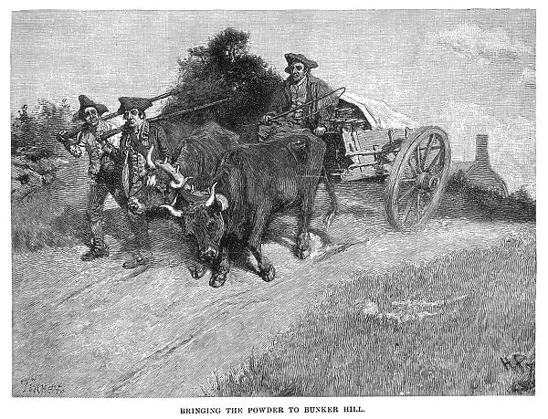 Minutemen on their way to Boston to take part in the Battle of Bunker Hill, June 1775, bringing with them a wagonload of gunpowder seized from Fort William and Mary at Portsmouth six months earlier: wood engraving, 1886, after Howard Pyle