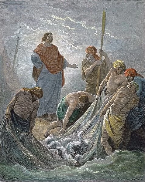 The Miraculous Draught of Fishes (John 21: 6). Color wood engraving after Gustave Dor