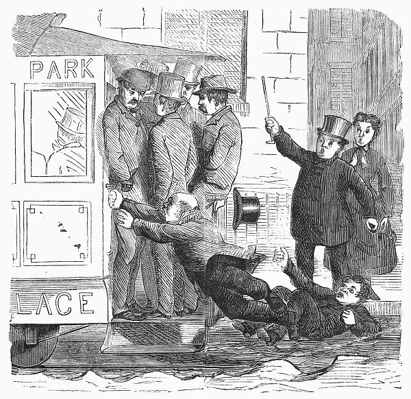 MISSING THE STREETCAR. Wood engraving, American, 1868