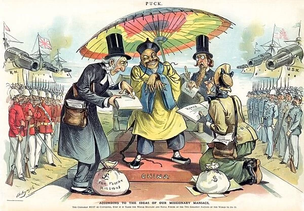 MISSIONARY CARTOON, 1895. According to the Ideas of Our Missionary Maniacs : American lithograph cartoon by Louis Dalrymple, 1895, critical of British and American missionary efforts to convert the Chinese to Christianity