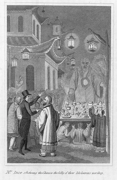 MISSIONARY IN CHINA, 1837. A Missionary showing the Chinese the folly of their idolatrous worship. Line engraving, 1837