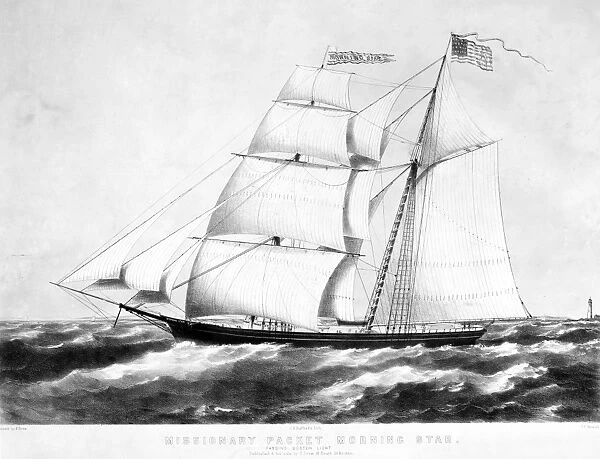 MISSIONARY SHIP, c1866-70. The American missionary schooner Morning Star passing Boston Light