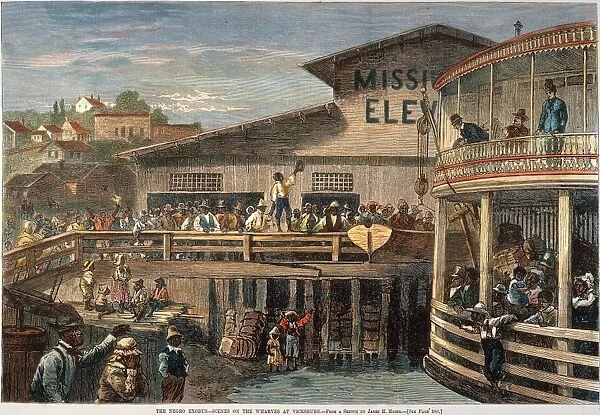 MISSISSIPPI: BLACK EXODUS. The wharf at Vicksburg, Mississippi, from which many black migrants departed following the end of Reconstruction for points north and west, including Kansas. Wood engraving, American, 1879