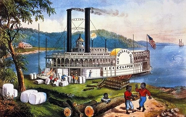 MISSISSIPPI STEAMBOAT 1870. On the Mississippi-Loading Cotton. Lithograph, 1870, by Currier & Ives