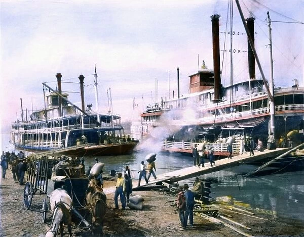 MISSISSIPPI STEAMBOAT. A steamboat landing off the Mississippi River. Oil over a photograph