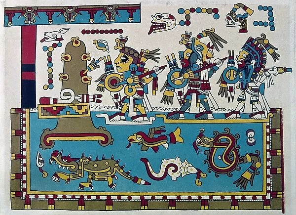 MIXTEC WARRIORS. Three canoe-borne warriors (Eight Deer at center) cross a lake