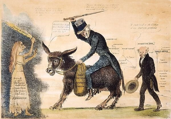 The moderen Balaam and his ass. An American cartoon placing the blame for the panic of 1837 and the perilous state of the banking system on outgoing president Andrew Jackson, shown riding a donkey in its cartoon debut as the symbol of the Democratic Party