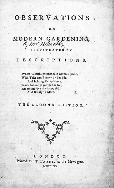 MODERN GARDENING, 1770. Title page of Observations on Modern Gardening by Thomas Whately