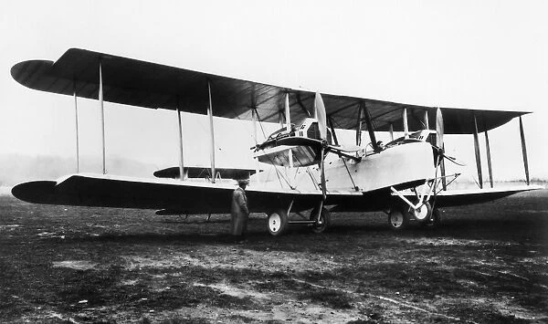 The modified Vickers-Vimy biplane in which Captain John Alcock and Lieutenant Arthur Whitten Brown made the first nonstop transatlantic flight, Newfoundland to Ireland, 14-15 June 1919. The nosewheel shown here was removed for the actual flight to save weight and reduce drag