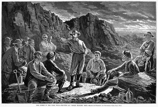 MOLLY MAGUIRES, 1874. Holding a clandestine meeting during a strike in the Pennsylvania coal fields. Wood engraving from an American newspaper of 1874