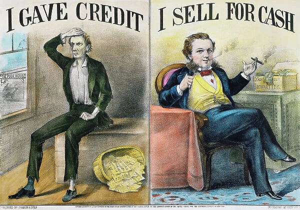 MONEY LENDING, 1870. I Gave Credit  /  I Sell for Cash : lithograph, 1870, by Currier & Ives