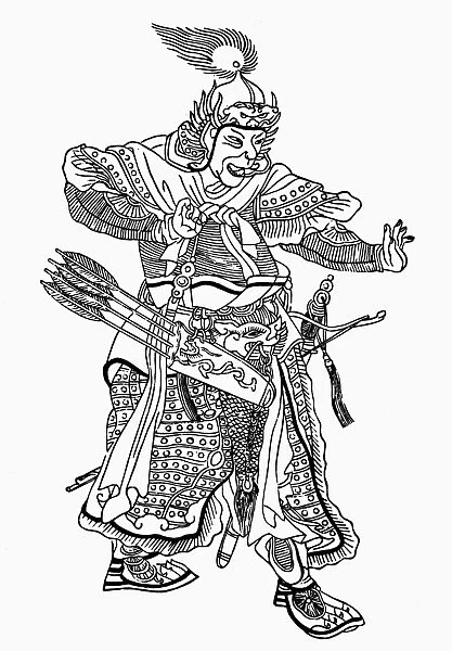 MONGOL GENERAL. A Mongol general in a yak-plumed helmet. Chinese woodcut, late 19th century