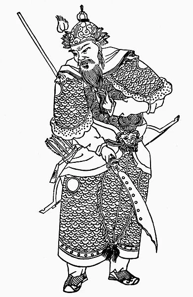 MONGOL WARRIOR. A Mongol trooper armed with bow, lance, and saber. Chinese woodcut