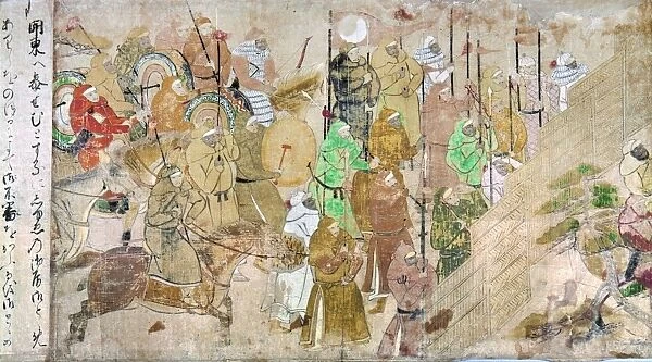 Mongol warriors sent by Kublai Khan, the emperor of China, to invade Japan, 1274. Detail from Japanese scroll painting on paper, c1293, attributed to Tosa Nagataka and Tosa Nagaaki
