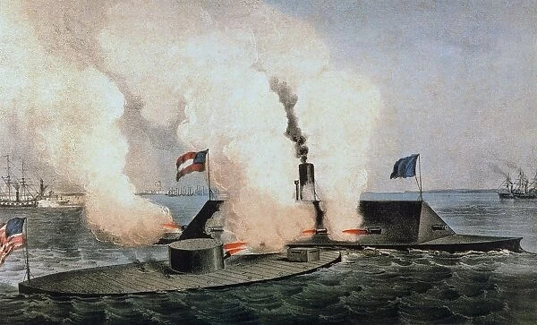 MONITOR AND MERRIMACK. The naval duel between the Union Monitor and the Confederate Merrimack at Hampton Roads, Virginia, 9 March 1862. Contemporary lithograph by Currier & Ives