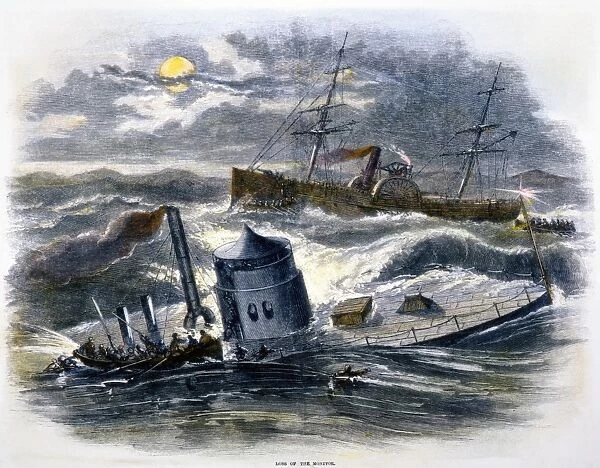 MONITOR SINKING, 1862. Sailors from the USS Rhode Island rescuing the crew of the Monitor, sinking in a gale off Cape Hatteras on 31 December 1862: wood engraving from a contemporary American newspaper
