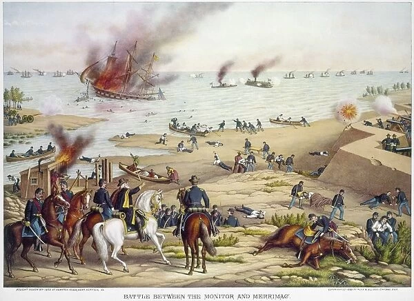 MONITOR VS MERRIMACK, 1862. The Battle between the Monitor and the Merrimack, 9 March 1862: lithograph, 1889, by Kurz & Allison