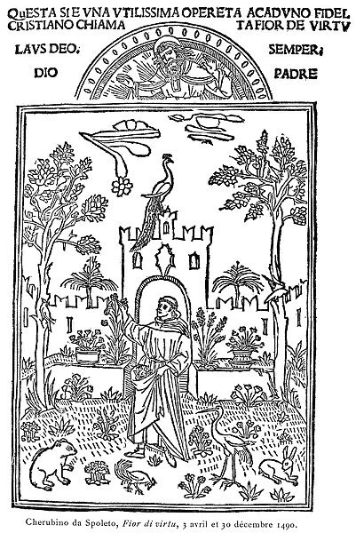 MONK GATHERING FLOWERS. Woodcut from Fior di Virtu, Venice, Italy, 1493