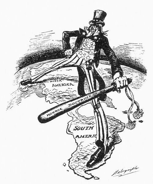 MONROE DOCTRINE CARTOON. Uncle Sam straddles the Americas while wielding a big stick labeled Monroe Doctrine. American cartoon by Louis Dalrymple, 1905