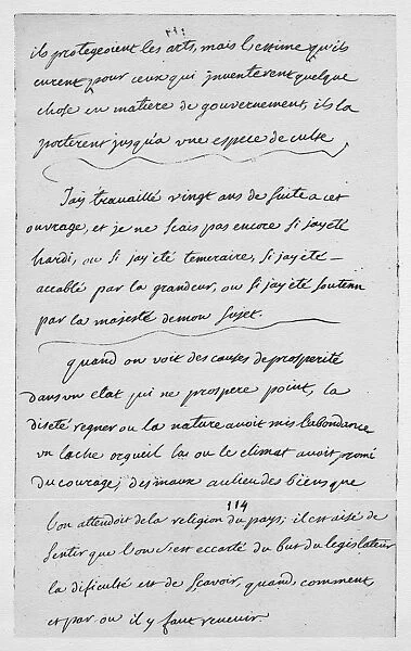 MONTESQUIEU: PENSEES. Manuscript page from Book III of the Baron de Montesquieus Mes Pensees