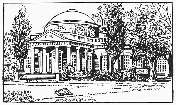 Monticello, the home of Thomas Jefferson near Charlottesville, Virginia. Line drawing