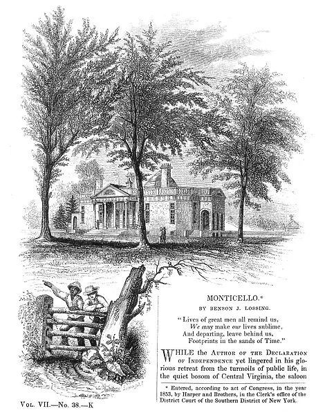 Monticello, the home of Thomas Jefferson near Charlottesville, Virginia. Wood engraving, 1853