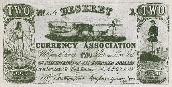 MORMON CURRENCY, 1858. Bank note issued at Salt Lake City and bearing the signature