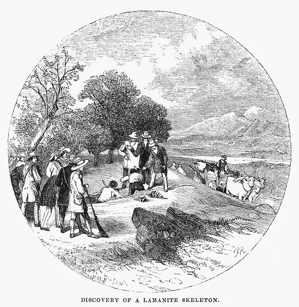 MORMON DISCOVERY, 1834. Joseph Smith and a group of Mormons discover the skeleton of a Lamanite warrior while journeying through the wilderness in southern Illinois, 1834. Wood engraving, American, 1853