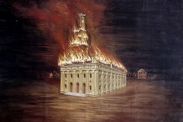 MORMON TEMPLE FIRE. Burning of Mormon Temple at Nauvoo, Illinois, in 1848