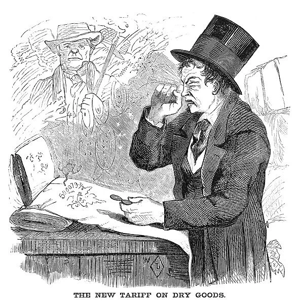 MORRILL TARIFF, 1861. An American custom house appraiser strains his eyes while