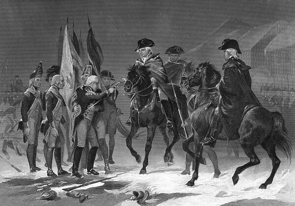 The mortally wounded Colonel Johann Rall presenting his sword to General Washington during the surrender of Hessian forces to the Continental Army at the Battle of Trenton, 26 December 1776. Steel engraving, American, 1858