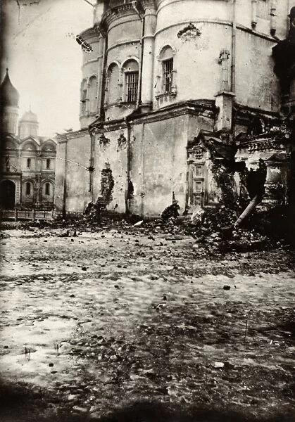 MOSCOW, c1917. A bullet-riddled building in Moscow, Russia, damaged during the Russian Revolution