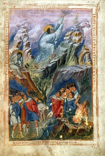 MOSES ON MOUNT SINAI. Illumination from a Byzantine bible, c900-950
