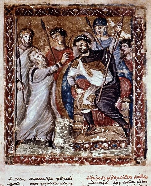 MOSES BEFORE PHAROAH. Illumination from Syriac Bible of Paris, 6th-7th century A. D