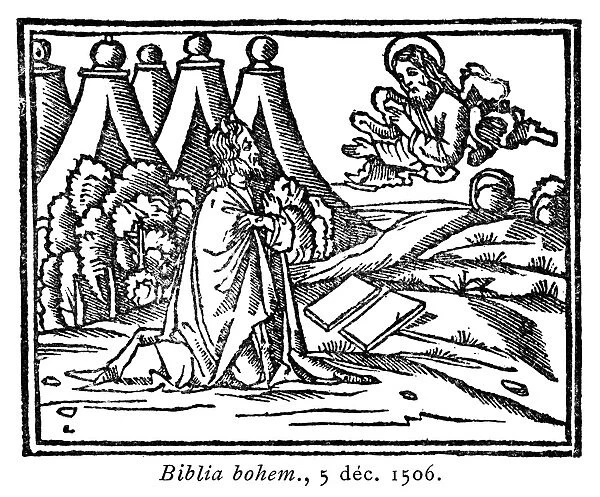 MOSES RECEIVING THE LAW. Moses receiving the Tablets of the Law. Woodcut, Venetian
