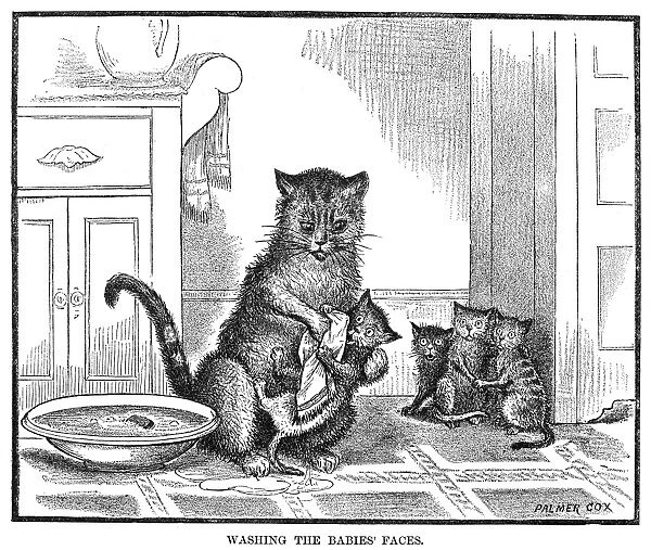 MOTHER CAT, 1880. Washing the babies faces. Line engraving, 1880