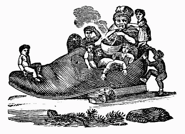 MOTHER GOOSE, 1833. The Old Woman Who Lived in a Shoe. Wood engraving from an 1833 edition of Mother Goose nursery rhymes