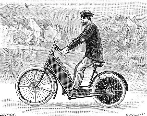 MOTORCYCLE, 1894. Wood engraving, French, 1894