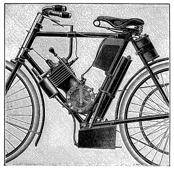 MOTORCYCLE, 1895. Designed by Durey. Line engraving, 1895