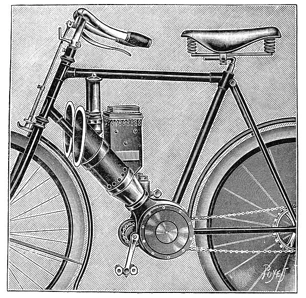 MOTORCYCLE, 1895. Designed by Hertschmann. Line engravingm, 1895