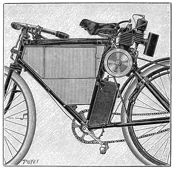 MOTORCYCLE, 1895. Designed by Ridel. Line engraving, 1895
