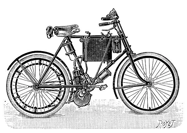 MOTORCYCLE, 1901. Wood engraving, French, 1901