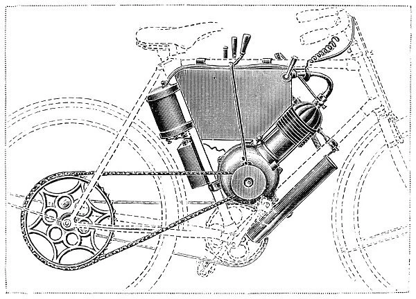 MOTORCYCLE, 1902. Designed by Bruneau. Line engraving, French, 1902