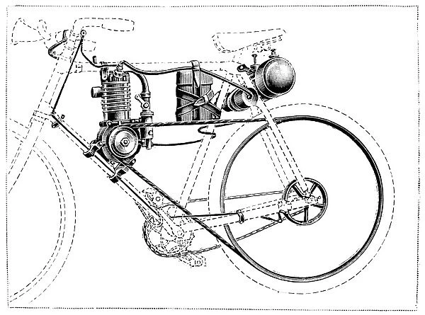 MOTORCYCLE, 1902. Designed by Brutus. Line engraving, French, 1902