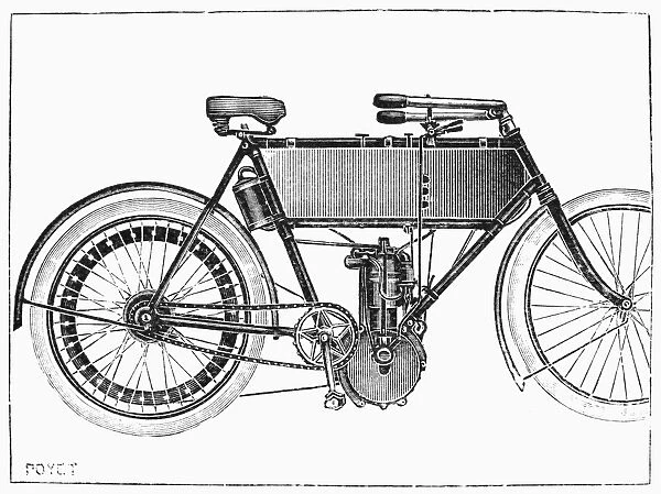 MOTORCYCLE, 1904. Designed by Bailleul. Line engraving, French, 1904