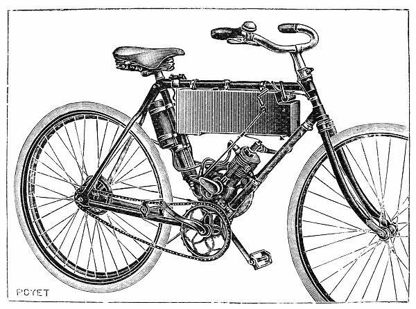 MOTORCYCLE, 1904. Designed by Garreau. Line engraving, French, 1904